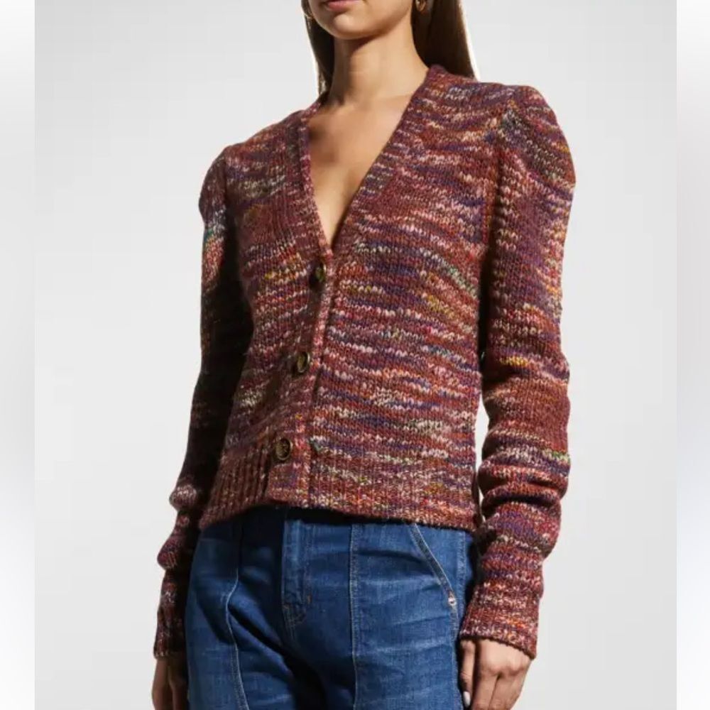Veronica Beard Amosa Wool Knit Puff-Sleeve Cardigan Burgundy Xl New Msrp $448